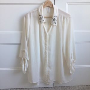 Cream Sheer Blouse with Bead Detail on Collar